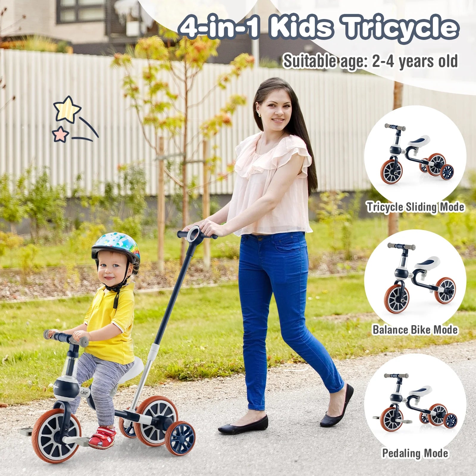 4 in 1 Kids Tricycles W/ Push Handle & Training Wheels Baby Balance Bike Navy