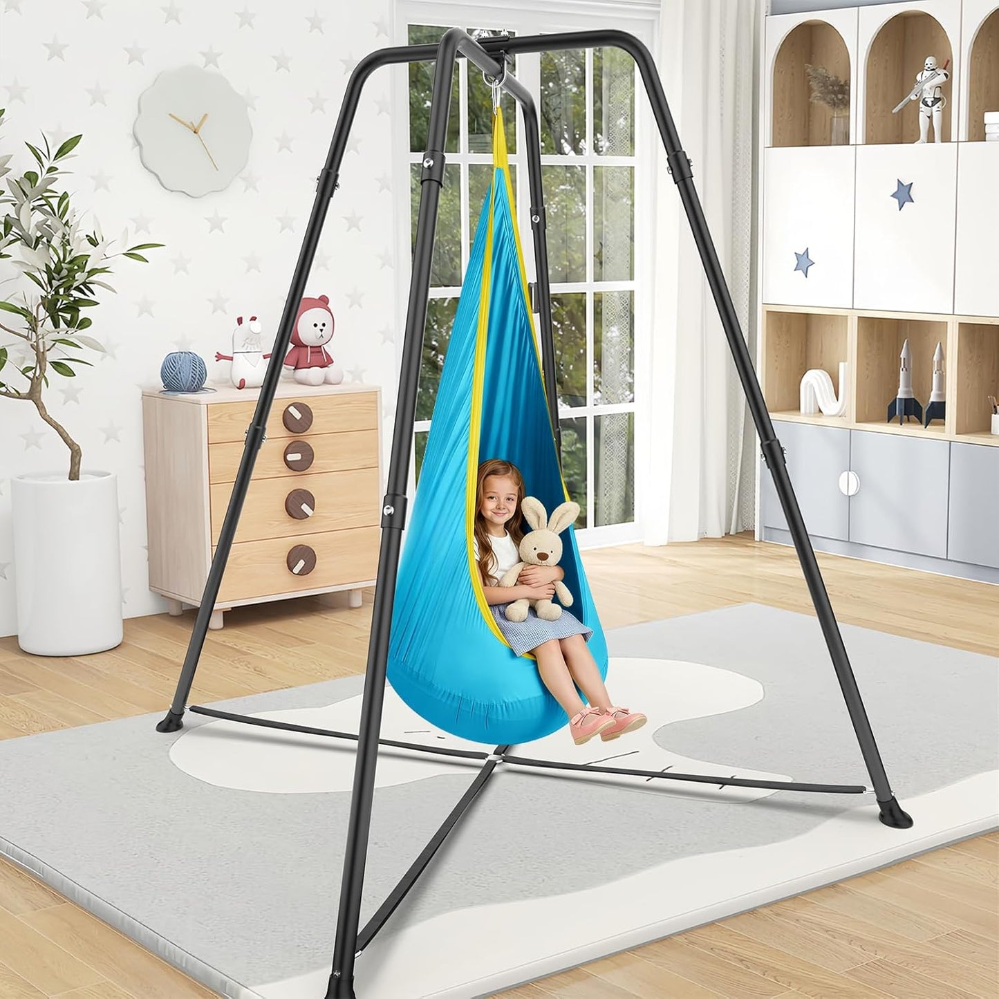 Swing Stand Frame with Sensory Swing Pod Chair, X-Shaped Swing Set
