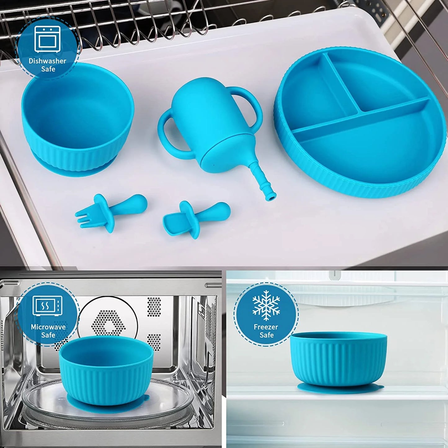 Soft Silicone Baby Feeding Set, Baby Led Weaning Set Infant Self Eating Utensil Set 7Pcs Gray Blue