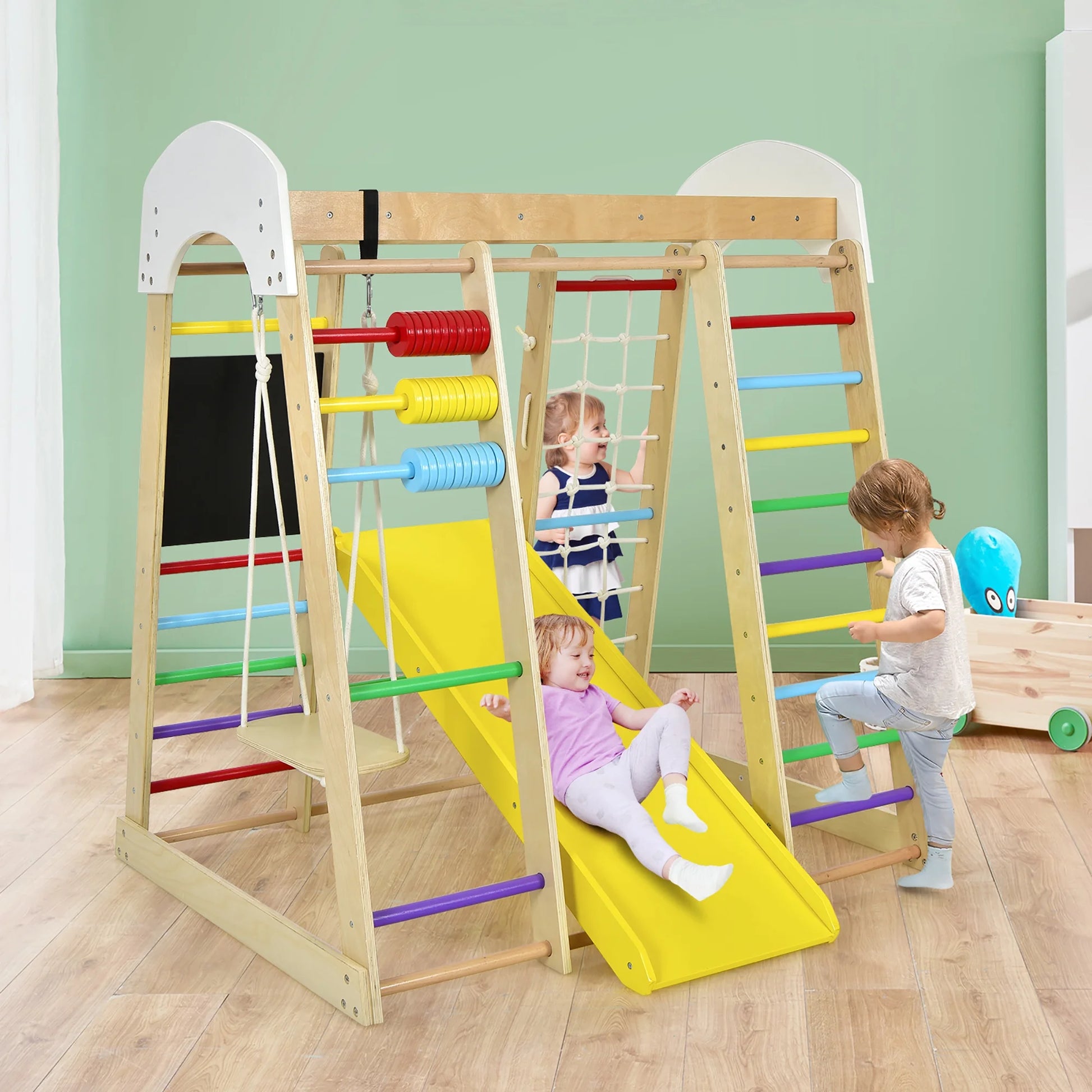 Indoor Playground Climbing Gym Kids Wooden 8 in 1 Climber Playset for Children Multicolor