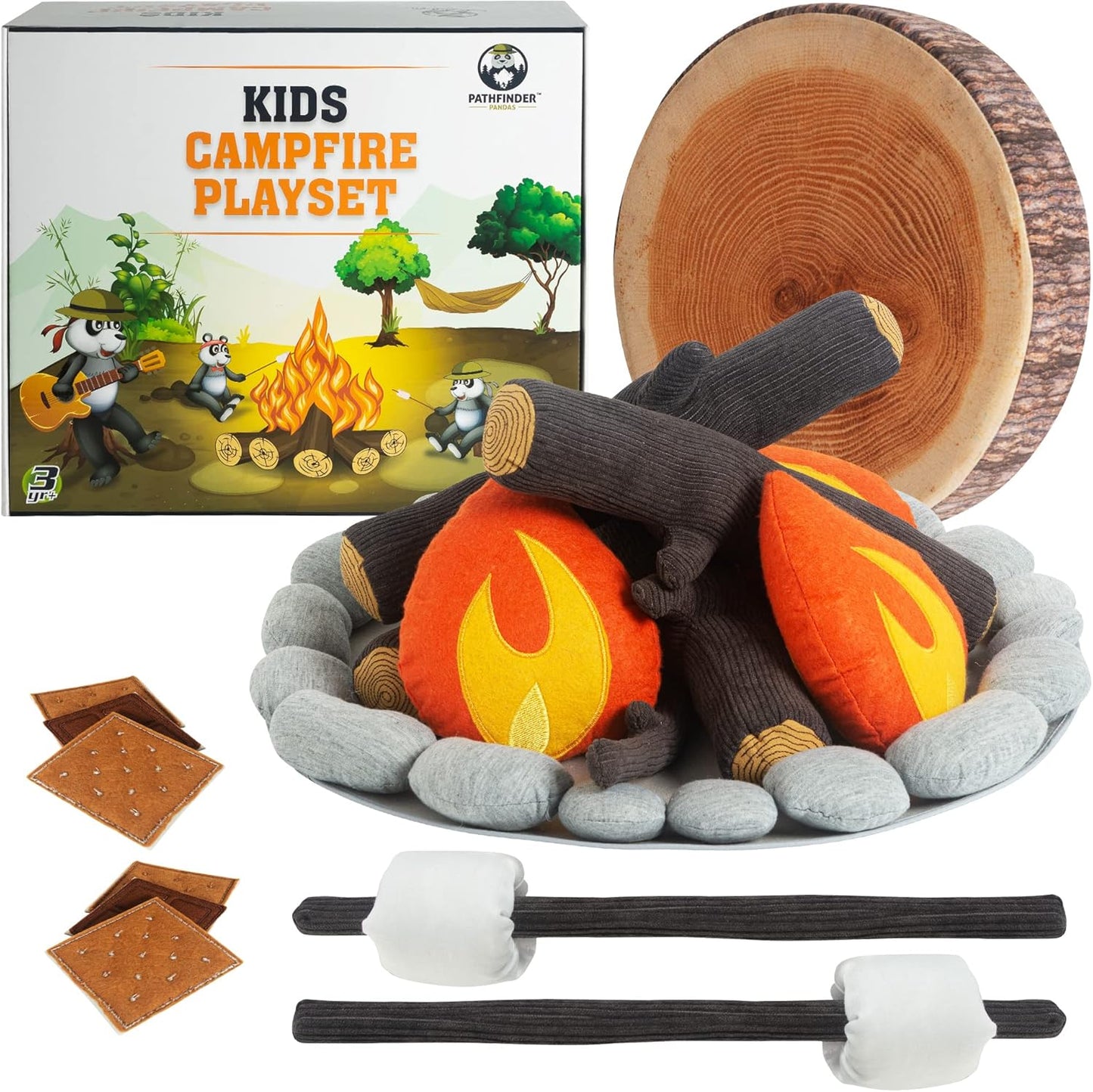 Pretend Campfire Set for Kids with S'Mores Kit & Wood Log Pillow