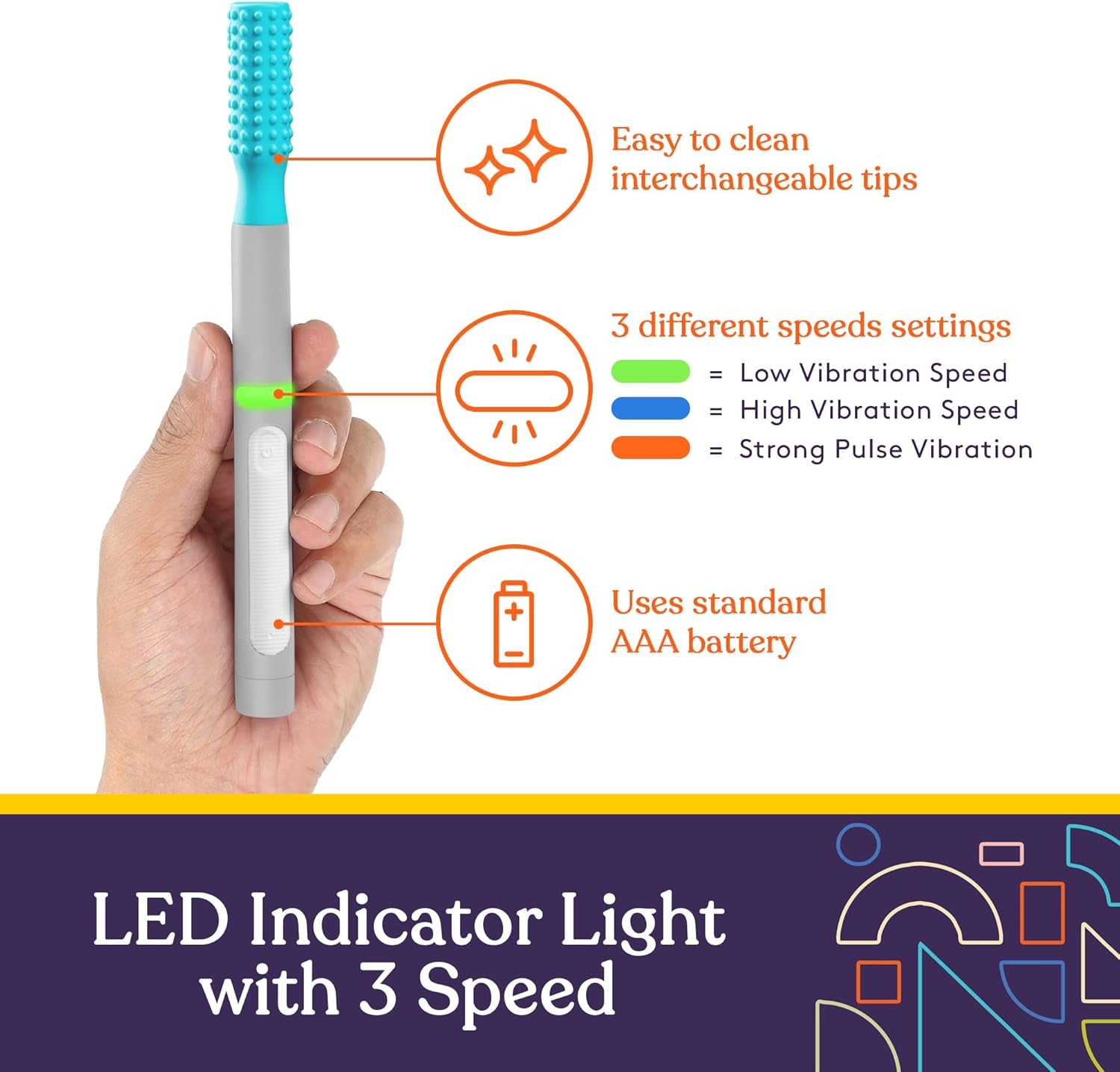 Buzz Buddy Oral Motor Stimulation Kit with 6 Soft Textured Interchangeable Heads, Calm Sensory Needs, Support Speech, and Stimulate Self Feeding, Gentle Vibrations (Grey)