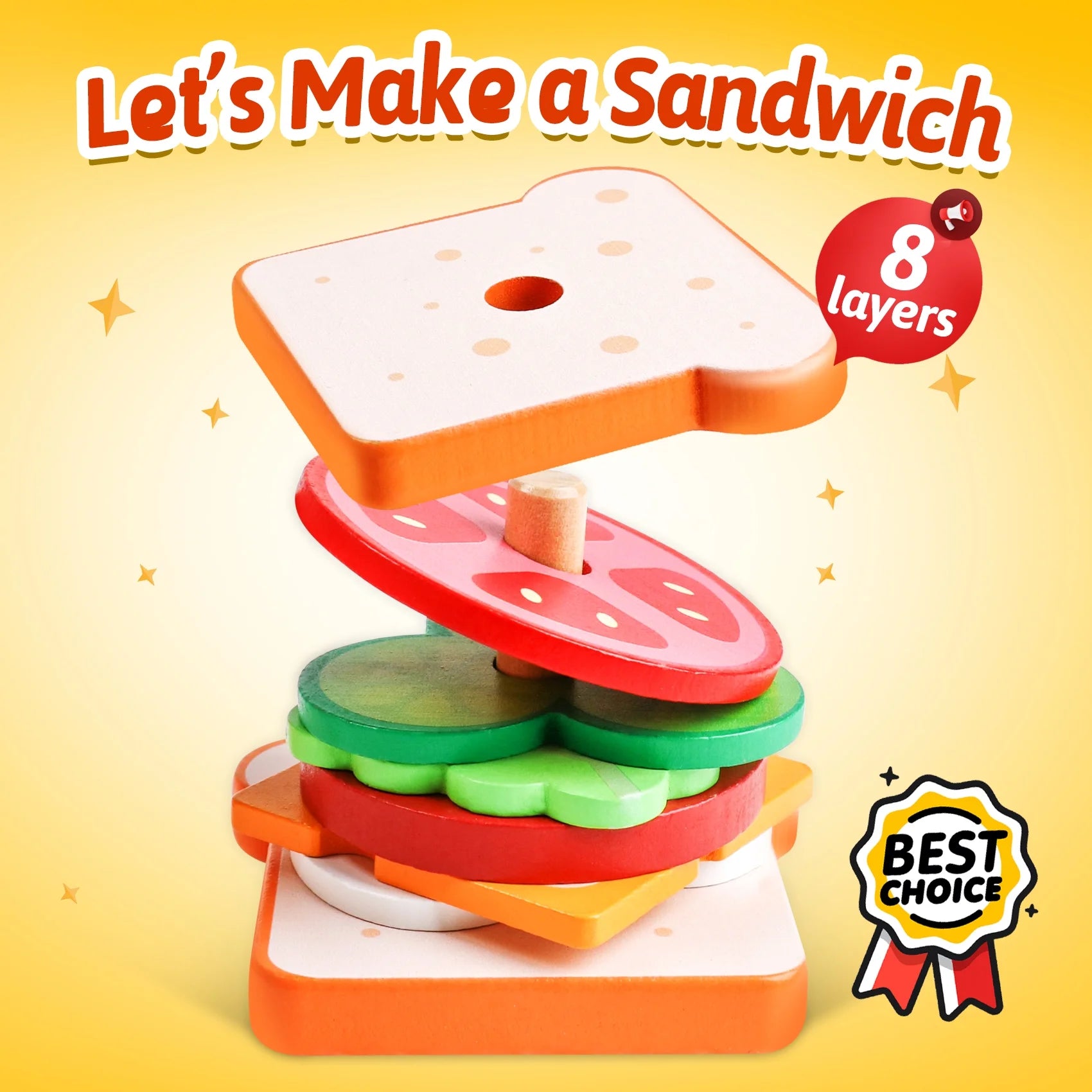 Montessori Wooden Stacking Toys Fine Motor Skills Wooden Play Food Sandwich Toys with Order Cards Preschool Educational Toys to Develop Fine Motor Skills for 3 4 5 Year Old (Sandwich)
