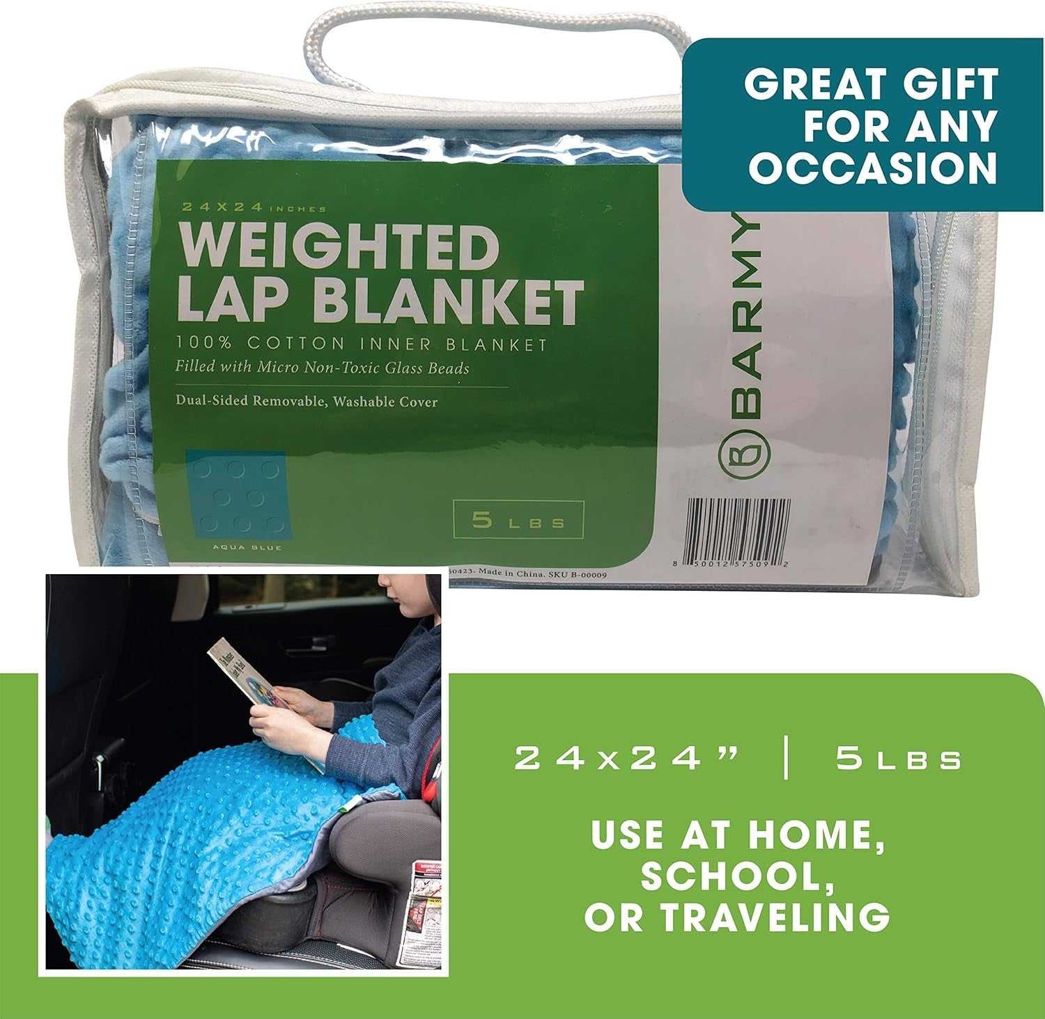 Weighted Lap Pad for Kids (24”X24”, 5Lbs) Weighted Lap Blanket with Removable, Washable Cover, Sensory Lap Pad for Child, Teen, Dogs, 100% Cotton Inner Weighted Blanket