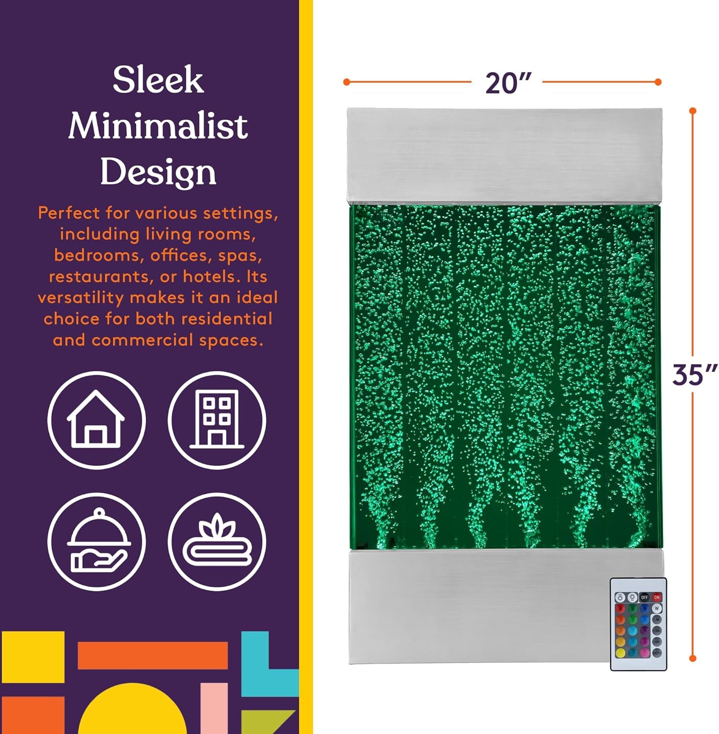 LED Bubble Wall with Colorful Fountain Tubes for Sensory Relief, with Remote