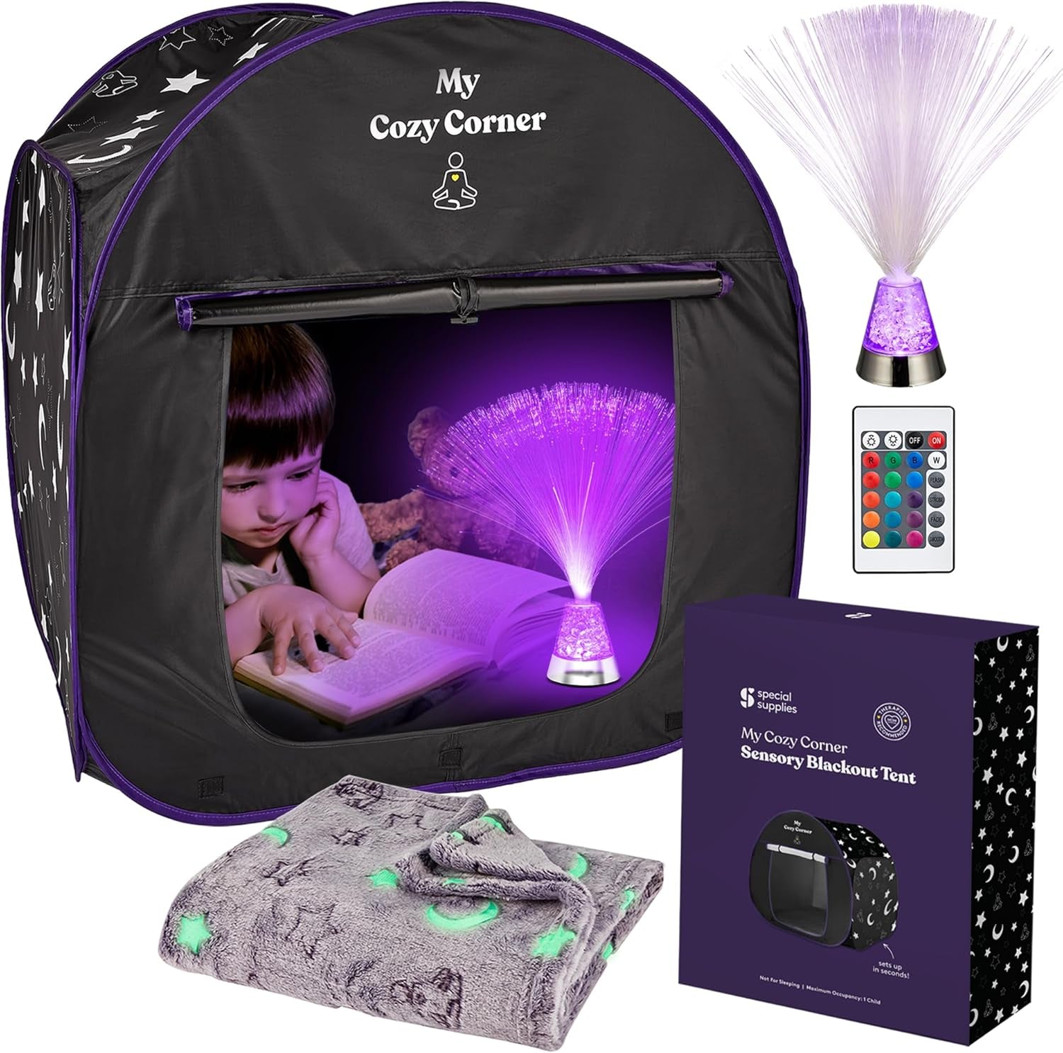 Blackout Sensory Tent for Kids, with Fiber Optic Lamp and Glow-In-The-Dark Fuzzy Blanket