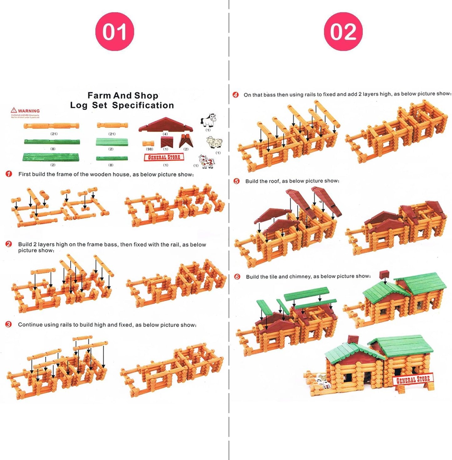 170 PCS Classic Building Log Toys, Wood Logs Set Set for Boy, Creative Construction Educational Gift for Kids Ages 3+