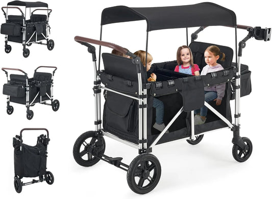 Stroller Wagon for 4 Kids,  Wagon Cart Featuring 4 High Seat with 5-Point Harnesses and Adjustable Canopy, Foldable Double Push Bar Wagon Stroller for Garden, Stroller, Camping (Black)