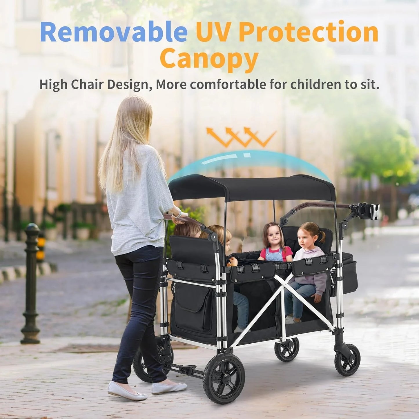 Stroller Wagon for 4 Kids,  Wagon Cart Featuring 4 High Seat with 5-Point Harnesses and Adjustable Canopy, Foldable Double Push Bar Wagon Stroller for Garden, Stroller, Camping (Black)