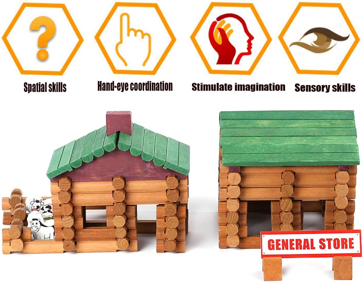 170 PCS Classic Building Log Toys, Wood Logs Set Set for Boy, Creative Construction Educational Gift for Kids Ages 3+
