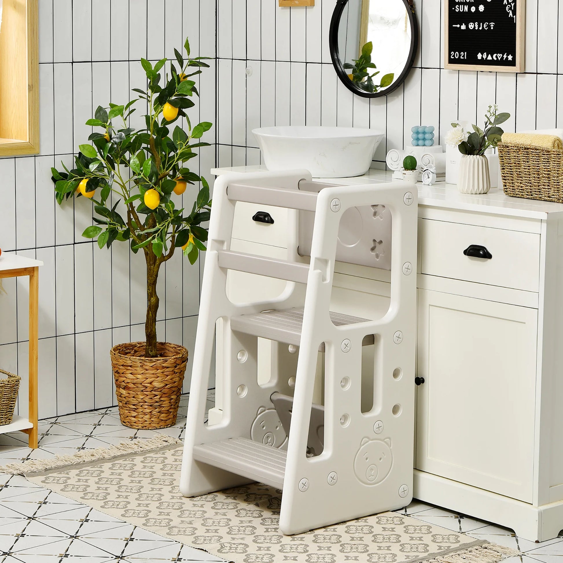 Kids Kitchen Step Stool with Double Safety Rails Toddler Learning Stool Gray