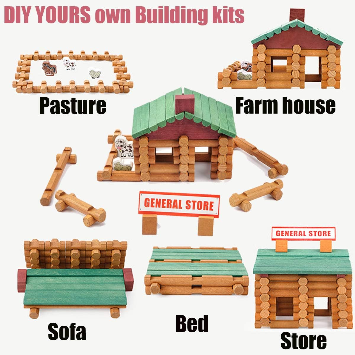 170 PCS Classic Building Log Toys, Wood Logs Set Set for Boy, Creative Construction Educational Gift for Kids Ages 3+
