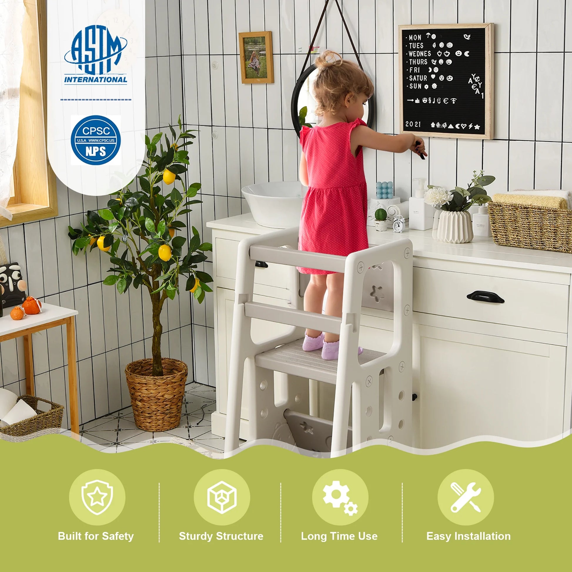 Kids Kitchen Step Stool with Double Safety Rails Toddler Learning Stool Gray
